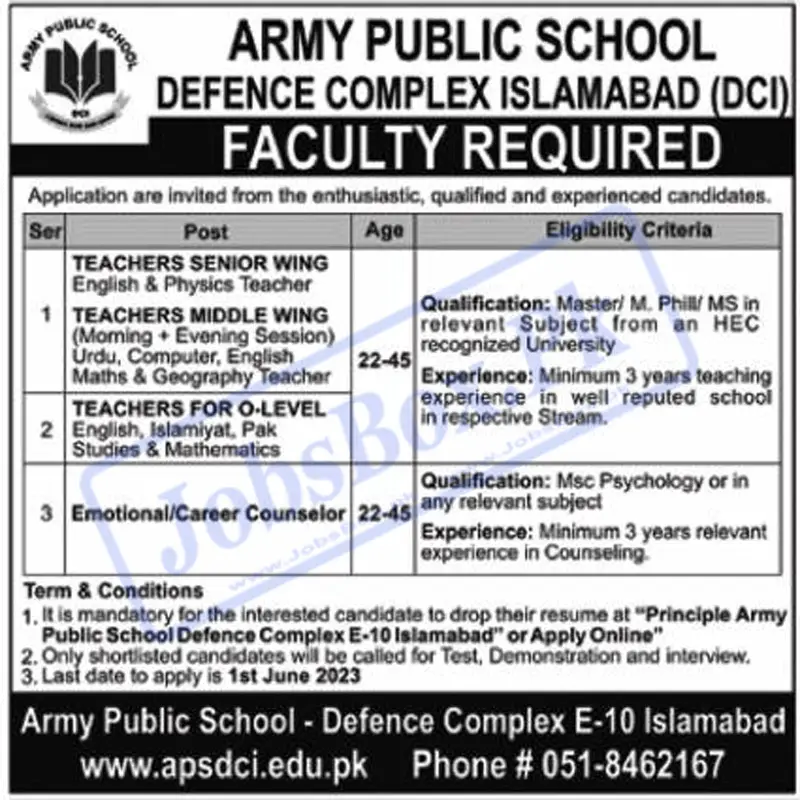 Army Public School APS DCI Islamabad Jobs 2023