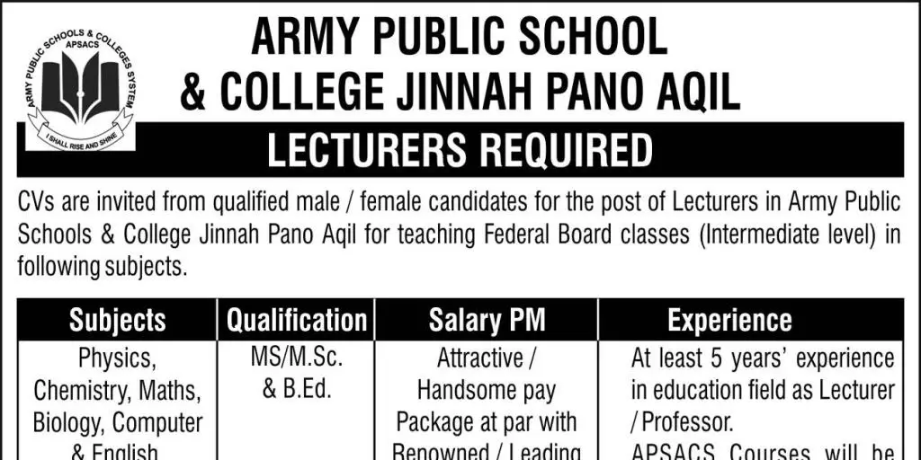 Army Public School and College Jinnah Pano Aqil Career Jobs 2023