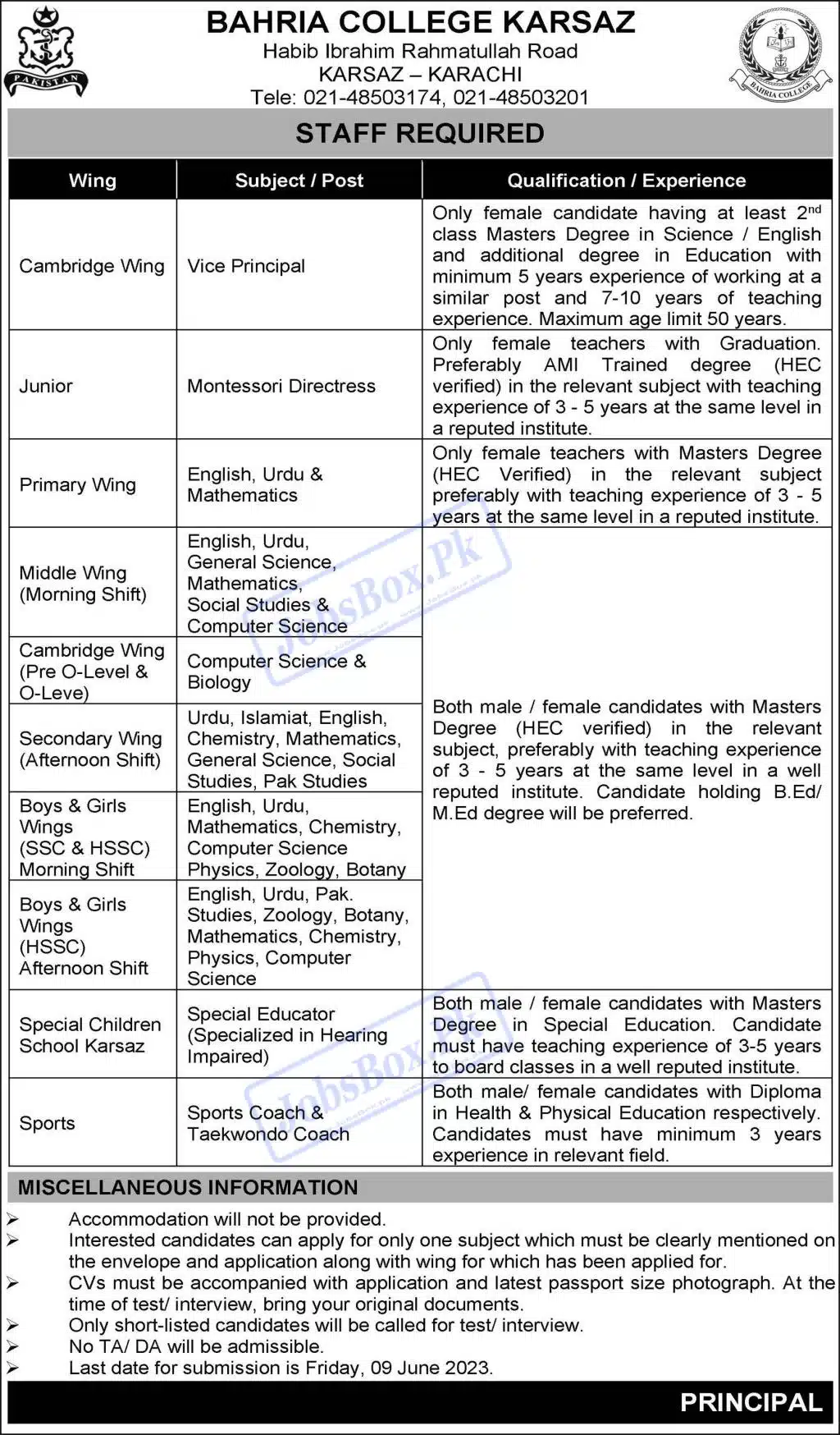 Bahria College Karsaz Karachi Jobs 2023