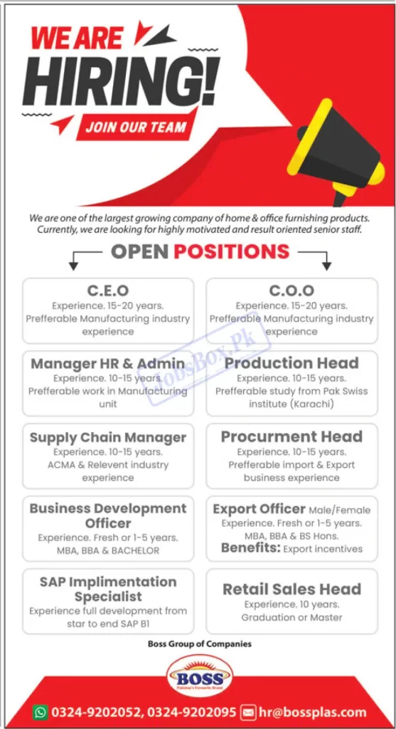 Boss Pakistan Jobs 2023