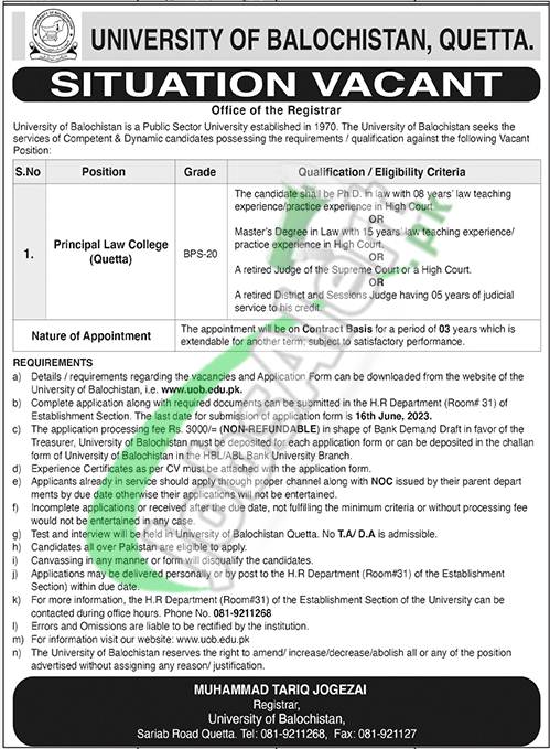 University of Balochistan Jobs 2023