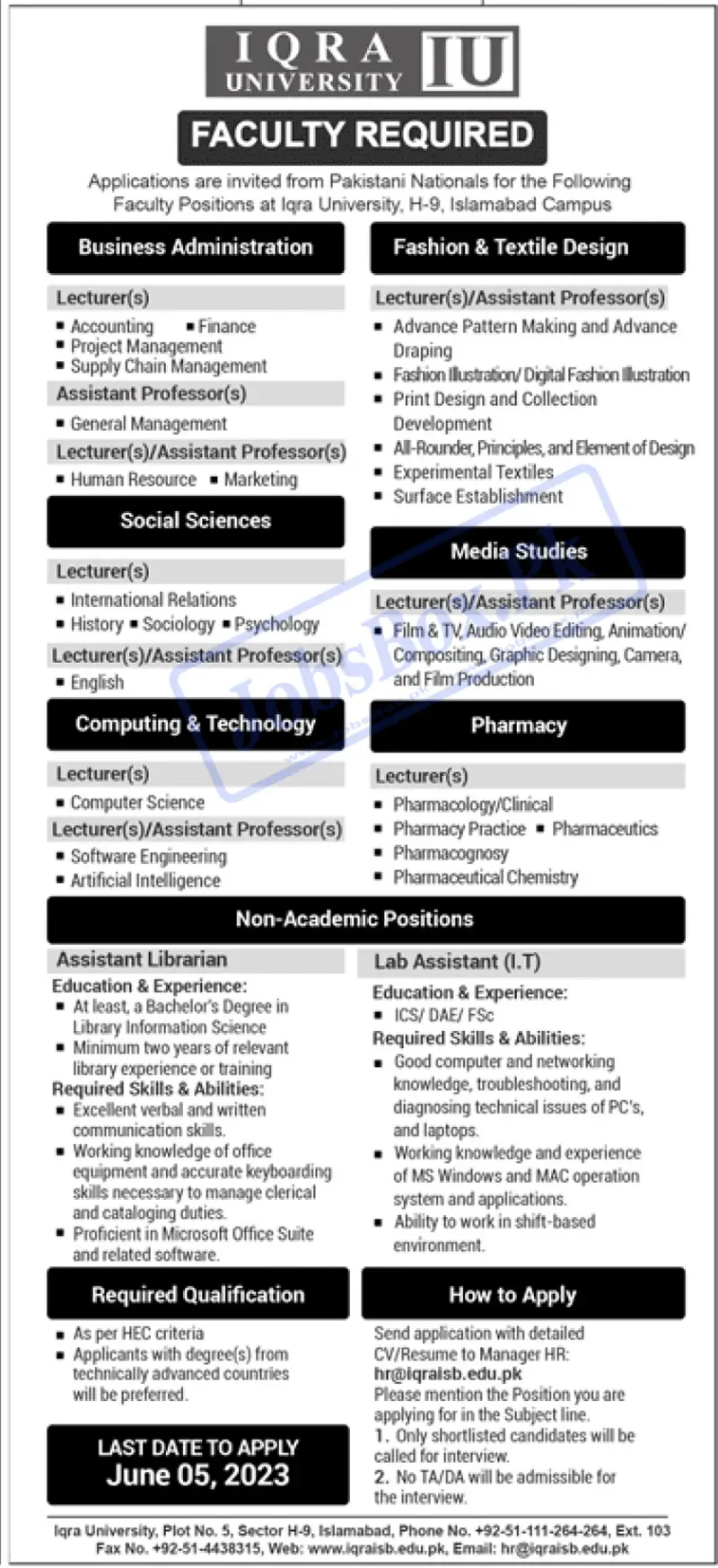 Iqra University Islamabad Campus Jobs 2023