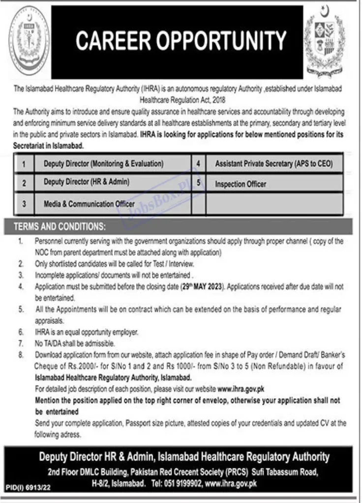 Islamabad Healthcare Regulatory Authority IHRA Jobs 2023