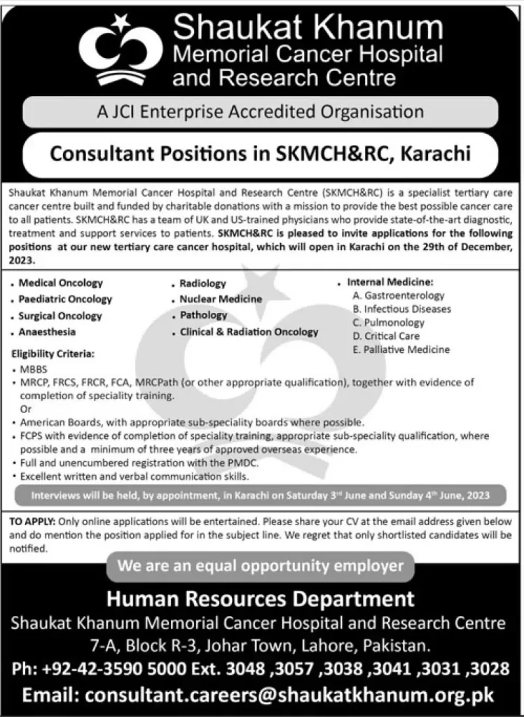 Shaukat Khanum Memorial Cancer Hospital Jobs 2023