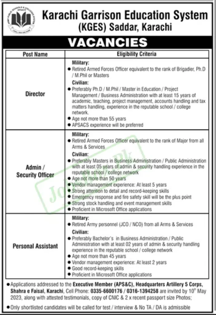 Karachi Garrison Education System KGES Jobs 2023