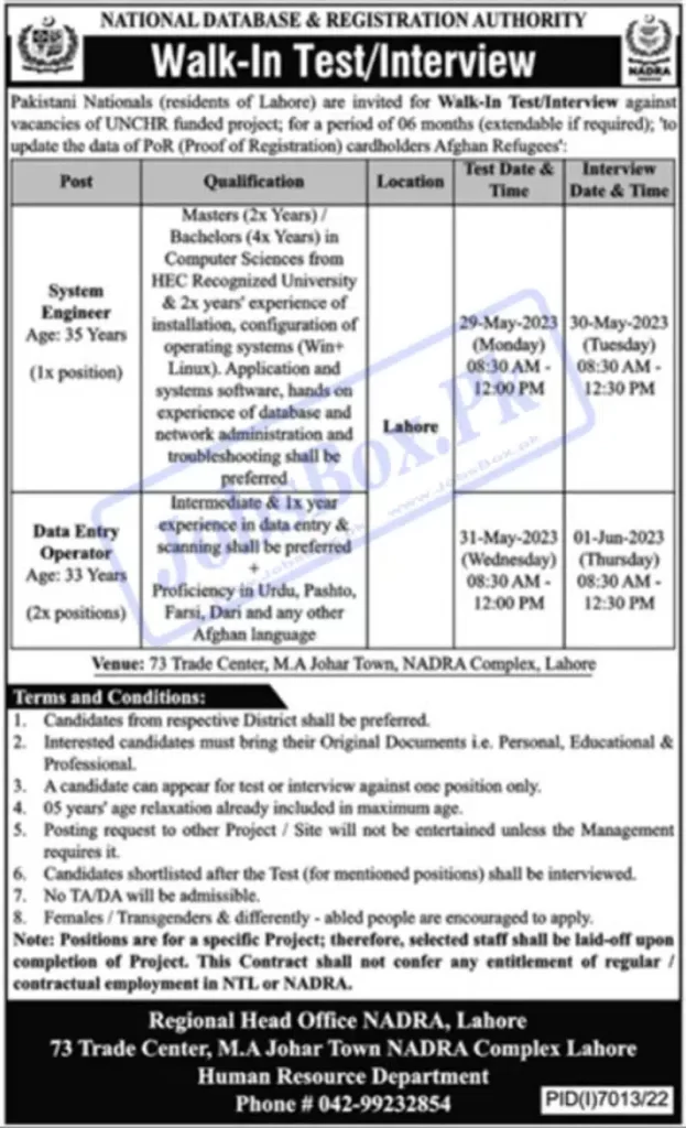 NADRA Head Office Lahore Jobs 2023