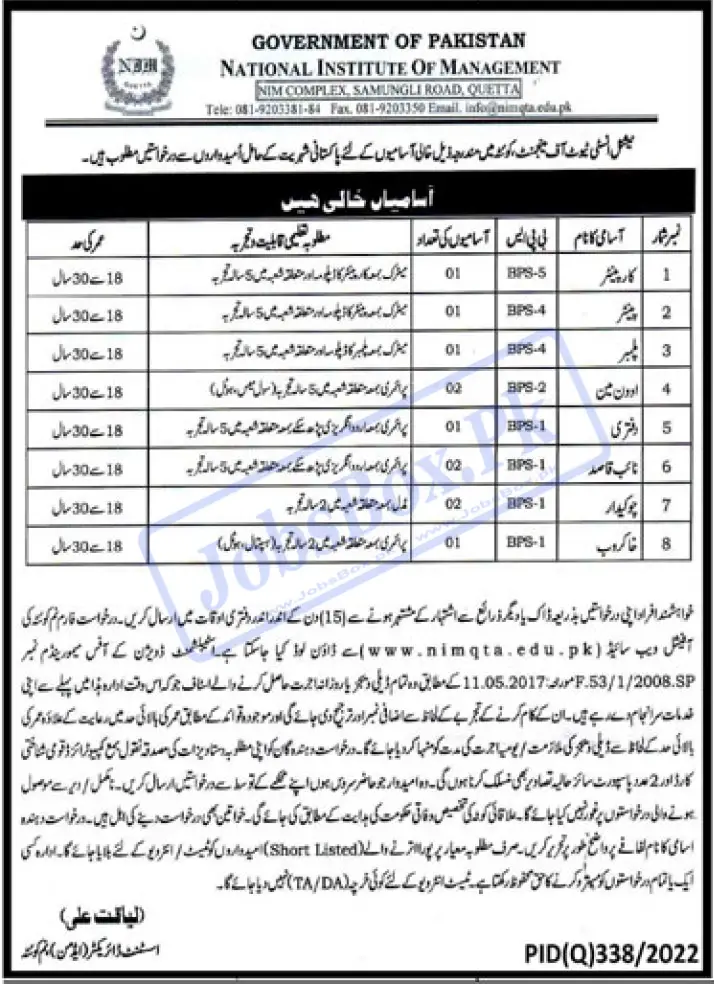 National Institute of Management NIM Quetta Jobs 2023