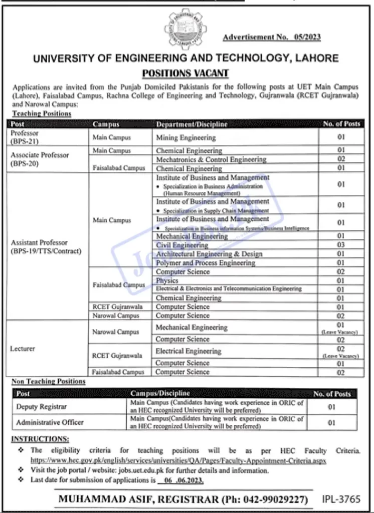 UET Lahore Jobs 2023