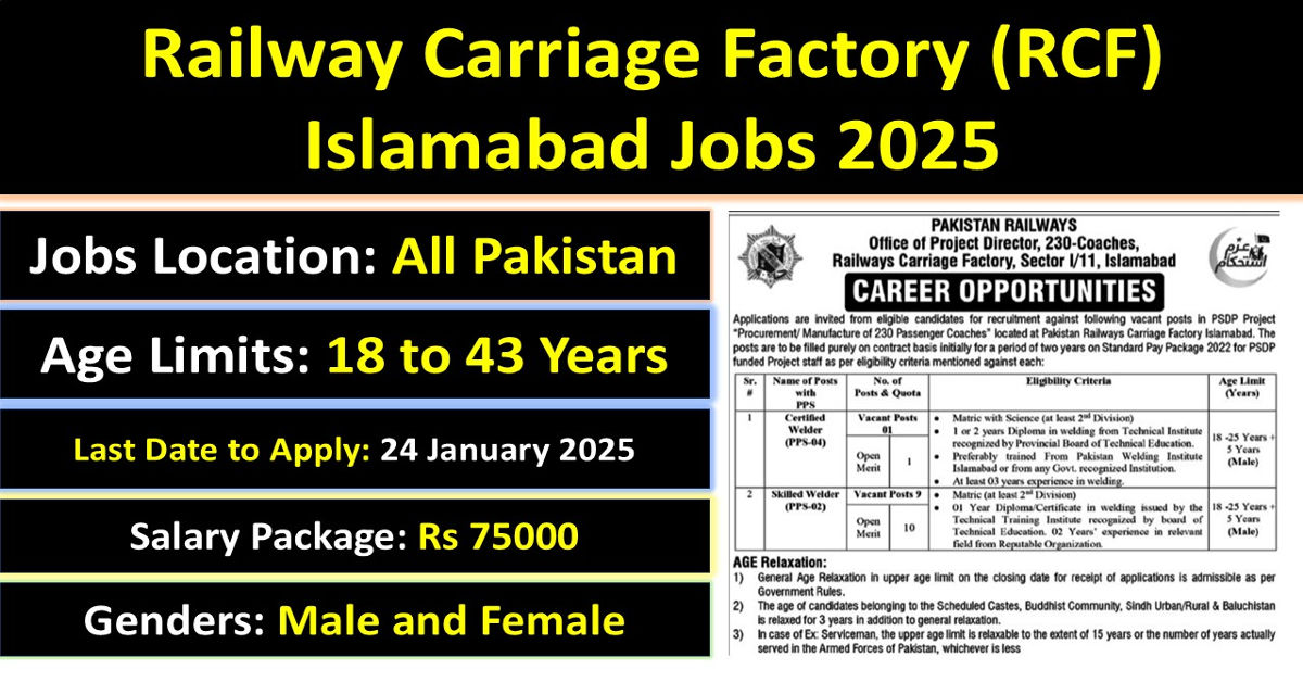 Railway Carriage Factory (RCF) Islamabad Jobs 2025